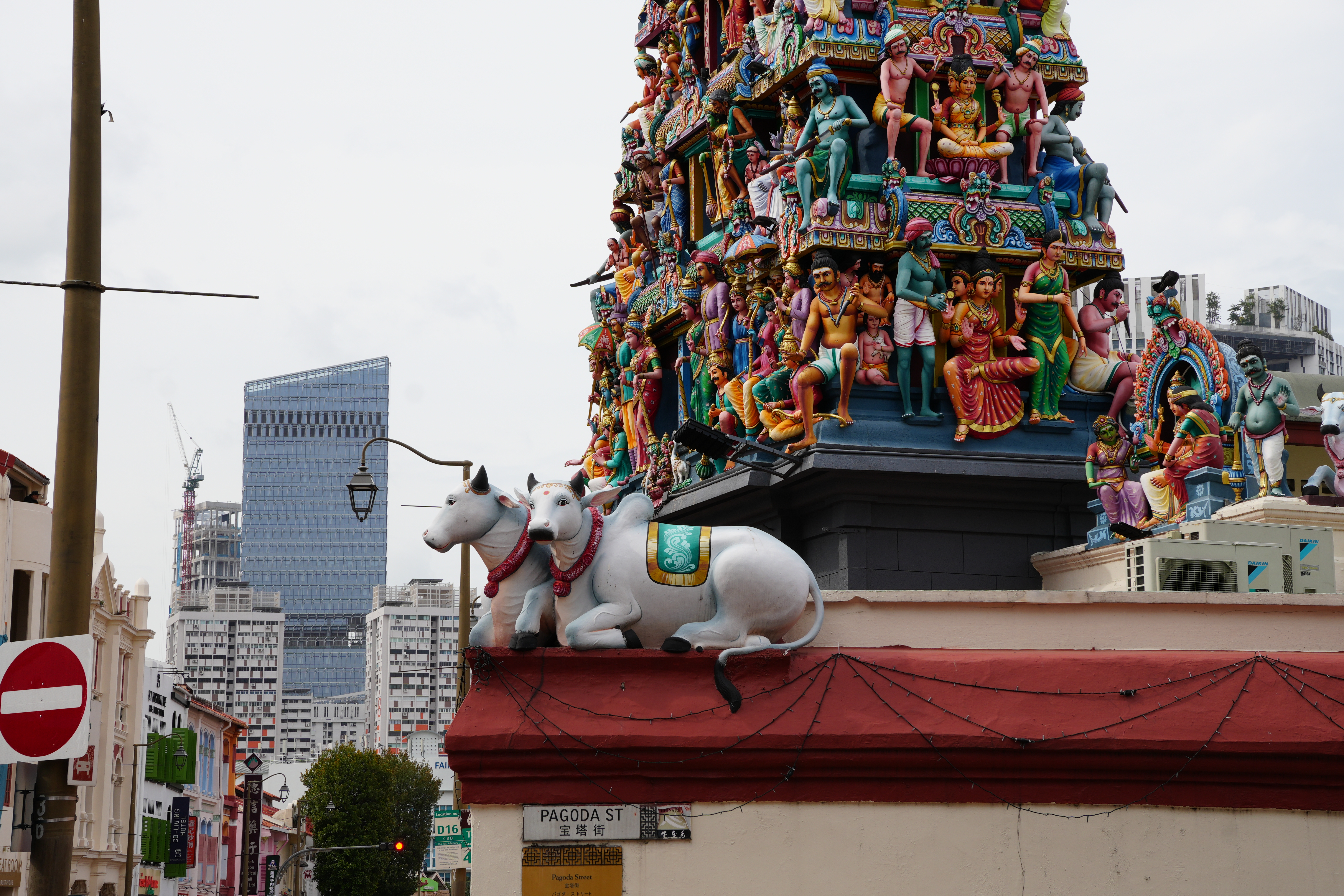 Sculpture of two resting cows sitting on the roof next to a temple in China Town in Singapore